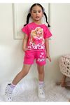 PJKSKT Barbie Desenli Fuşya Şortlu Kız Çocuk Kısa Kol Takım 7553-F