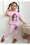 PJKKE Şapkalı Kız Desenli Pembe Eşofmanlı Kız Çocuk Kısa Kol Takım 3-10 Yaş 7439-P
