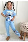 PJKKE Stitch Desenli Mavi Eşofmanlı Kız Çocuk Kısa Kol Takım 3-10 Yaş 7434-M