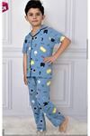 PJKÖ Hey Boom Desenli Mavi Kısa Kollu Önden Düğmeli Erkek Çocuk Pijama Takımı 4-12 Yaş 706K