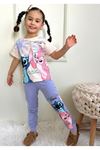 PJKKE Stitch Desenli Lila Eşofmanlı Kız Çocuk Kısa Kol Takım 3-10 Yaş 7435-L