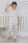 İSOB Ekru Trafikte Araba Desenli %100 Pamuk Erkek Çocuk Kısa Kollu Pijama Takımı 3-8 Yaş 41317-E