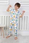 İSOB Ekru Dinazor Desenli %100 Pamuk Erkek Çocuk Kısa Kollu Pijama Takımı 3-8 Yaş 41319-E