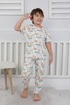 İSOB Ekru Hayvanlar Alemi Desenli %100 Pamuk Erkek Çocuk Kısa Kollu Pijama Takımı 3-8 Yaş 41313-E