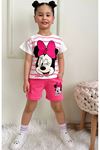 PJKSKT Çizgili Minnie Mause Desenli Fuşya Şortlu Kız Çocuk Kısa Kol Takım 7550-F