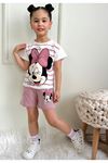 PJKSKT Çizgili Minnie Mause Desenli Gül Kurusu Şortlu Kız Çocuk Kısa Kol Takım 7550-GK