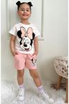PJKSKT Çizgili Minnie Mause Desenli Somon Şortlu Kız Çocuk Kısa Kol Takım 7550-S