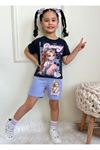 PJKSKT Creamy Desenli Lila Şortlu Kız Çocuk Kısa Kol Takım 7549-L