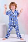 PJKÖ Mickey Mause Desenli Mavi Kısa Kollu Önden Düğmeli Erkek Çocuk Pijama Takımı 4-12 Yaş 605K