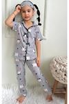 PJKÖ Kedicik Desenli Gri Kısa Kollu Önden Düğmeli Kız Çocuk Pijama Takımı 4-12 Yaş 540K
