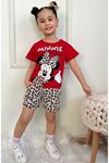 PJKSKT Minnie Mause Desenli Kırmızı Şortlu Kız Çocuk Kısa Kol Takım 7570-K