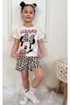 PJKSKT Minnie Mause Desenli Ekru Şortlu Kız Çocuk Kısa Kol Takım 7570-E