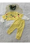 %100 Pamuk Sarı Ponponlu Fırfırlı Kız Takım 6-9-12-18 Ay 32197-S