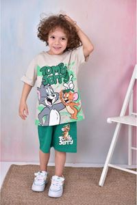 PJKSKT Tom&Jerry Desenli Yeşil Şortlu Erkek Çocuk Kısa Kol Takım 7601-Y
