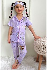PJKÖ Frouzen Elsa Desenli Lila Kısa Kollu Önden Düğmeli Kız Çocuk Pijama Takımı 4-12 Yaş 535K