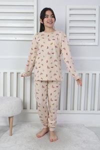 İSOB Bej Kelebek Desenli %100 Pamuk Kız Çocuk Kısa Kollu Pijama Takımı 8-13 Yaş 41406-B