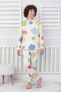 İSOB Ekru Lego Desenli %100 Pamuk Erkek Çocuk Kısa Kollu Pijama Takımı 8-13 Yaş 41505-E