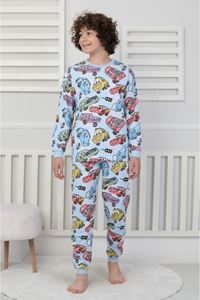 İSOB Mavi Araba Desenli %100 Pamuk Erkek Çocuk Kısa Kollu Pijama Takımı 8-13 Yaş 41506-M