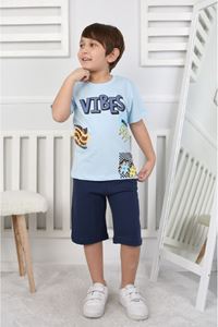 İSOB Mavi Vibes Desenli %100 Pamuk Erkek Çocuk Kısa Kollu Şortlu Takım 3-12 Yaş 24410-M
