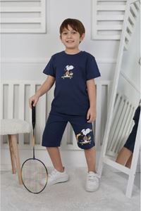 İSOB Lacivert Snoopy Desenli %100 Pamuk Erkek Çocuk Kısa Kollu Şortlu Takım 3-12 Yaş 24407-L