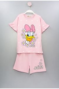 İSOB Pembe Daisy Desenli Kolları Fırfırlı %100 Pamuk Kız Çocuk Kısa Kollu Şortlu Takım 3-12 Yaş 23302-P