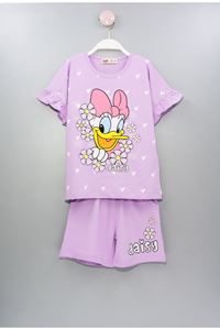İSOB Lila Daisy Desenli Kolları Fırfırlı %100 Pamuk Kız Çocuk Kısa Kollu Şortlu Takım 3-12 Yaş 23302-L