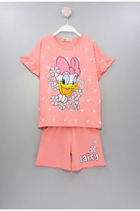 İSOB Nar Çiçeği Daisy Desenli Kolları Fırfırlı %100 Pamuk Kız Çocuk Kısa Kollu Şortlu Takım 3-12 Yaş 23302-N