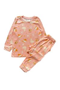 1+1ELMP Pudra Rengi Kuğu Desen %100 Pamuk Kız Çocuk Pijama Takımı 1-2 Yaş 02211
