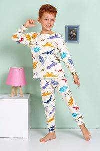 1+1ELMP Krem Dinazor Desenli %100 Pamuk Erkek Çocuk Pijama Takımı 1-2 Yaş 03062