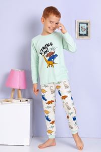 1+1ELMP Yeşil Dinazor Desenli %100 Pamuk Erkek Çocuk Pijama Takımı 1-2 Yaş 03071