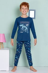1+1ELMP Lacivert Dinazor Desenli %100 Pamuk Erkek Çocuk Pijama Takımı 1-2 Yaş 03068
