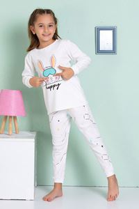 1+1ELMP Ekru Tavşan Desenli %100 Pamuk Kız Çocuk Pijama Takımı 1-2 Yaş 04069