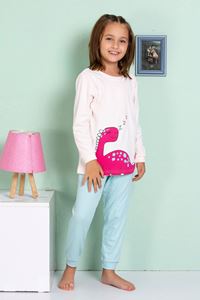 1+1ELMP Ekru Dinazor Desenli %100 Pamuk Kız Çocuk Pijama Takımı 1-2 Yaş 04066