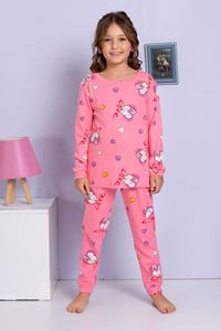 1+1ELMP Pembe Kalpli Tavşancık Desenli %100 Pamuk Kız Çocuk Pijama Takımı 1-2 Yaş 04058