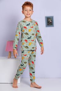 1+1ELMP Yeşil Dinazor Desenli %100 Pamuk Erkek Çocuk Pijama Takımı 1-2 Yaş 3057