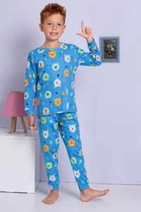 1+1ELMP Mavi Ayıcık Desenli %100 Pamuk Erkek Çocuk Pijama Takımı 1-2 Yaş 03059