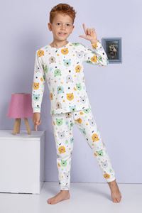 1+1ELMP Ekru Ayıcık Desenli %100 Pamuk Erkek Çocuk Pijama Takımı 1-2 Yaş 03056