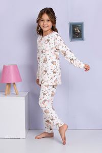 1+1ELMP Ekru Baykuş Desenli %100 Pamuk Kız Çocuk Pijama Takımı 1-2 Yaş 04059