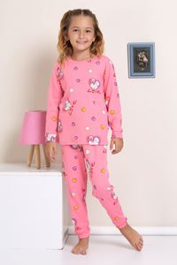 1+1ELMP Pembe Kalpli Tavşancık Desenli Fitilli Kumaş %100 Pamuk Kız Çocuk Pijama Takımı 1-2 Yaş 04054