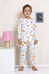 1+1ELMP Ekru Helikopter Desenli Fitilli Kumaş %100 Pamuk Erkek Çocuk Pijama Takımı 1-2 Yaş 03051