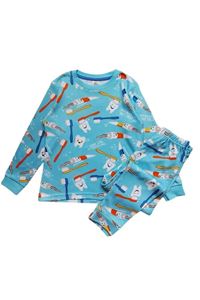 1+1ELMP Mavi Diş Fırçası Desen %100 Pamuk Erkek Çocuk Pijama Takımı 1-2 Yaş 2220