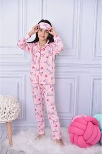1+1PJKÖ Barbie Desenli Pembe Uzun Kollu Önden Düğmeli Kız Çocuk Pijama Takımı 4-6 Yaş 0592U