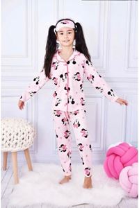 1+1PJKÖ Mickey Desenli Pembe Uzun Kollu Önden Düğmeli Kız Çocuk Pijama Takımı 4-6 Yaş 0570U