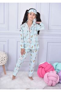 1+1PJKÖ Tavşan Desenli Mint Uzun Kollu Önden Düğmeli Kız Çocuk Pijama Takımı 4-6 Yaş 0568U