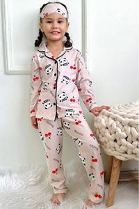 1+1PJKÖ Ayıcık Desenli Pembe Uzun Kollu Önden Düğmeli Kız Çocuk Pijama Takımı 4-6Yaş 0715U
