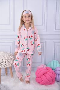 1+1PJKÖ Kiraz Desenli Pembe Uzun Kollu Önden Düğmeli Kız Çocuk Pijama Takımı 4-6 Yaş 0577U