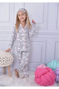 1+1PJKÖ Tavşan Desenli Gri Uzun Kollu Önden Düğmeli Kız Çocuk Pijama Takımı 4-6 Yaş 0927U