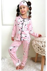 1+1PJKÖ Ayıcık Desenli Pembe Uzun Kollu Önden Düğmeli Kız Çocuk Pijama Takımı 4-6 Yaş 0721U