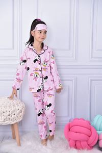 1+1PJKÖ Minnie Mause Desenli Pembe Uzun Kollu Önden Düğmeli Kız Çocuk Pijama Takımı 4-6 Yaş 0722U