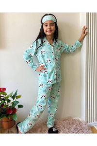 1+1PJKÖ Ayıcık Desenli Su Yeşili Uzun Kollu Önden Düğmeli Kız Çocuk Pijama Takımı 4-6 Yaş 0718U